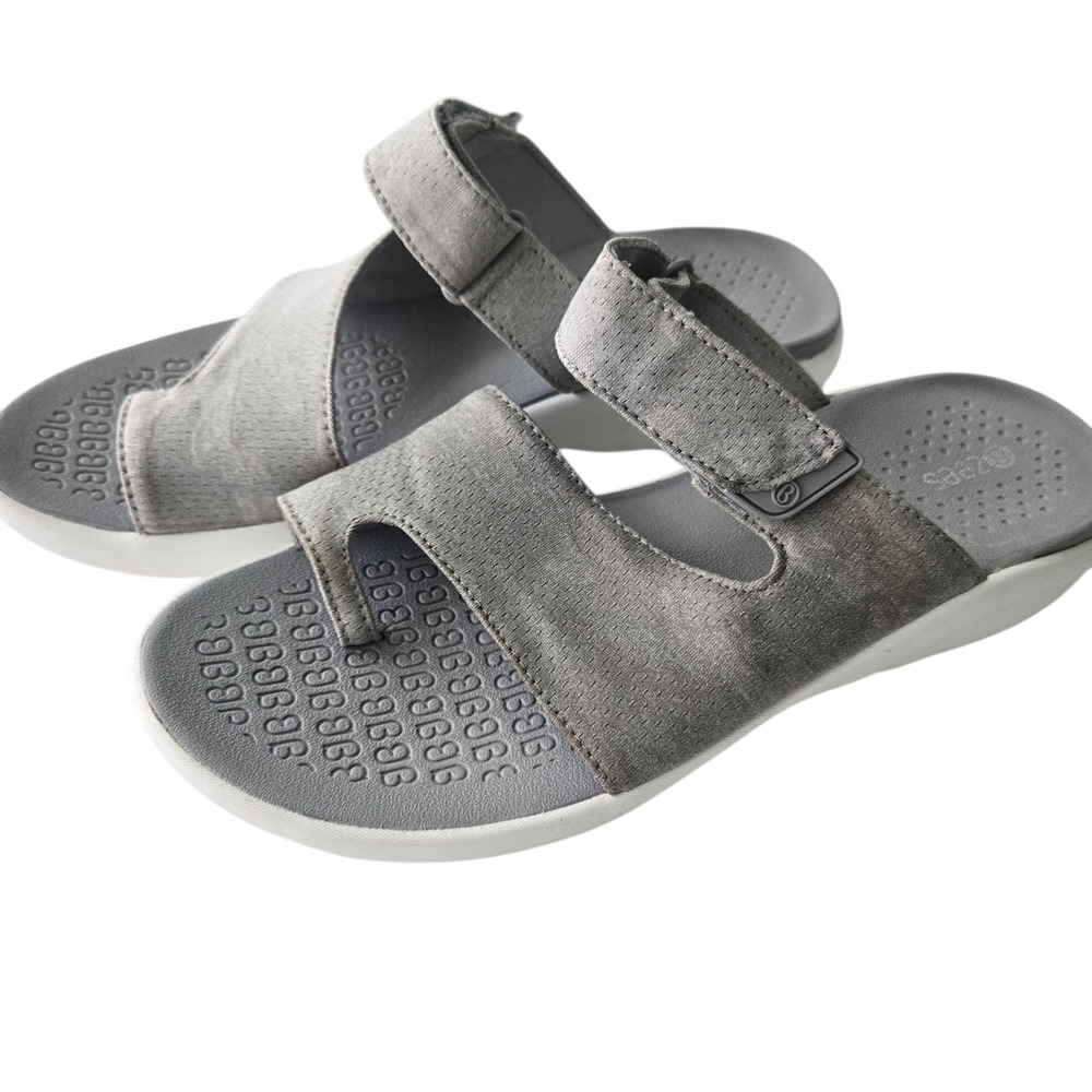 Bzees Carry On Gray Fabric Toe Loop Slide Sandals Womens 7W Hook Loop Strap